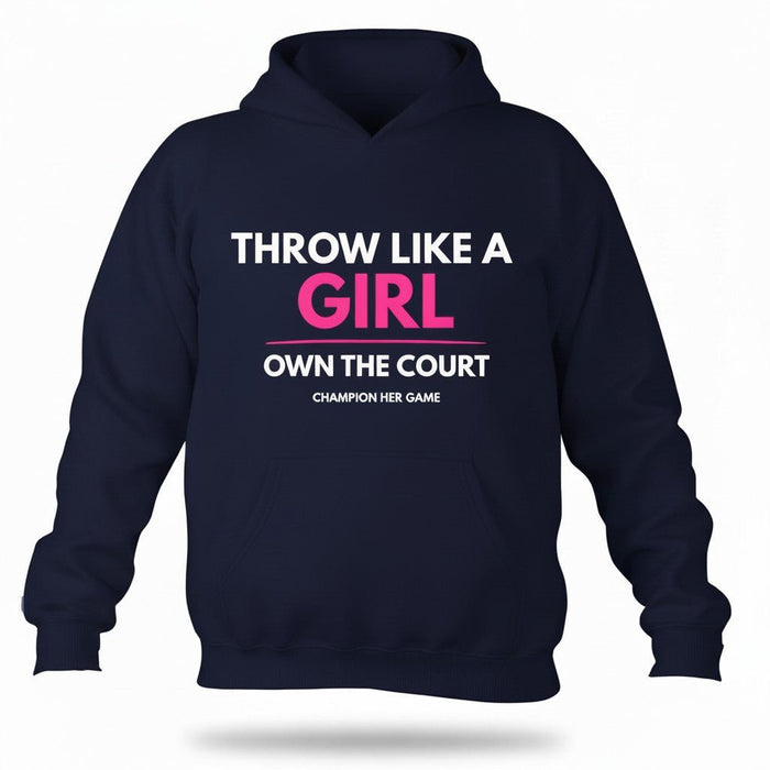 Navy blue girls training hoodie - Throw Like a Girl Own the Pitch slogan - Durable youth athletic wear.