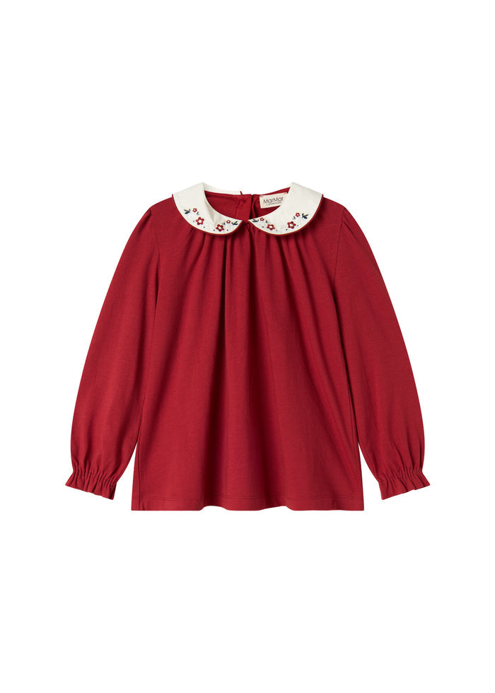 Red Christmas blouse with white collar and small flower embroidery for children