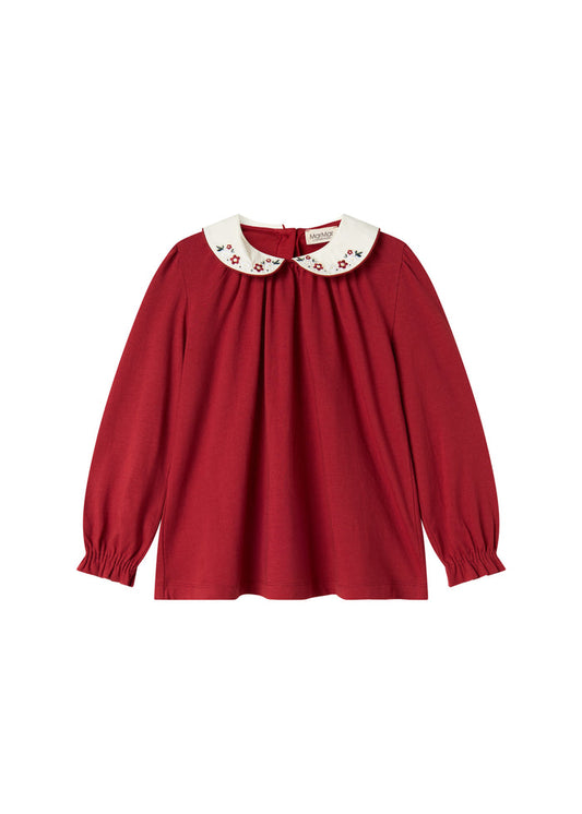 Red Christmas blouse with white collar and small flower embroidery for children