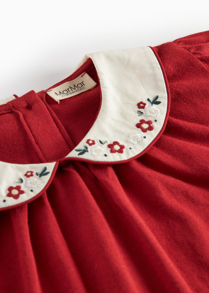 Red Christmas blouse with white collar and small flower embroidery for children