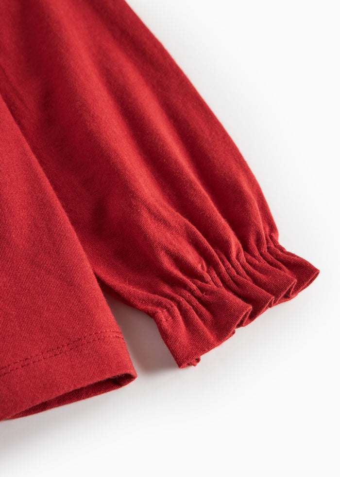Red Christmas blouse with white collar and small flower embroidery for children