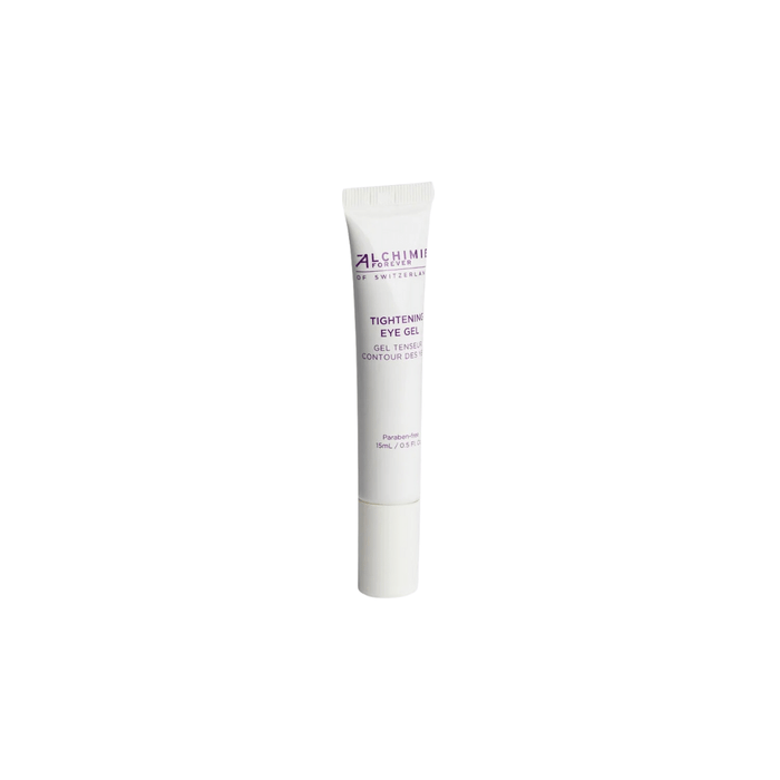 Tube of Tightening Eye Gel | Alchimie Forever skincare product designed to improve and firm the delicate skin around the eyes, presented against a plain white background.