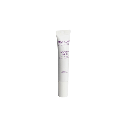 Tube of Tightening Eye Gel | Alchimie Forever skincare product designed to improve and firm the delicate skin around the eyes, presented against a plain white background.
