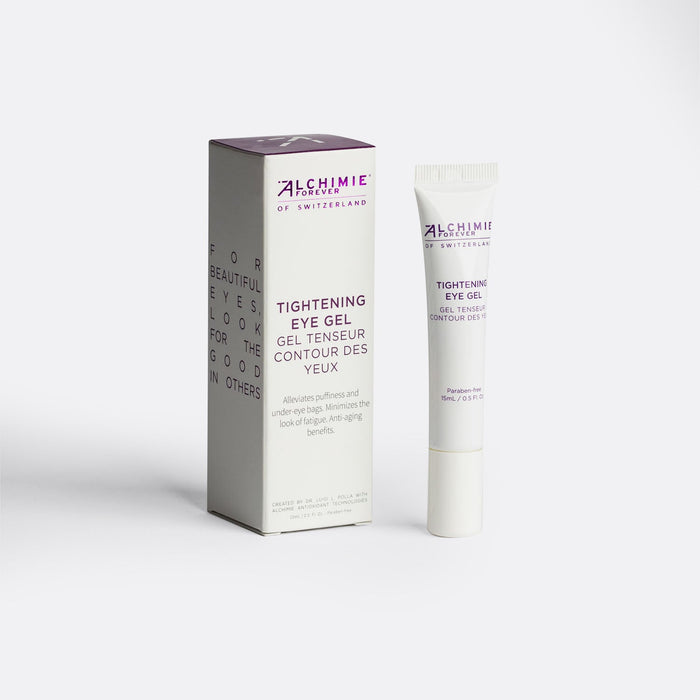 Tightening Eye Gel | Alchimie Forever in a white tube with purple text beside its matching box, showcasing skincare for reducing puffiness and under-eye bags.