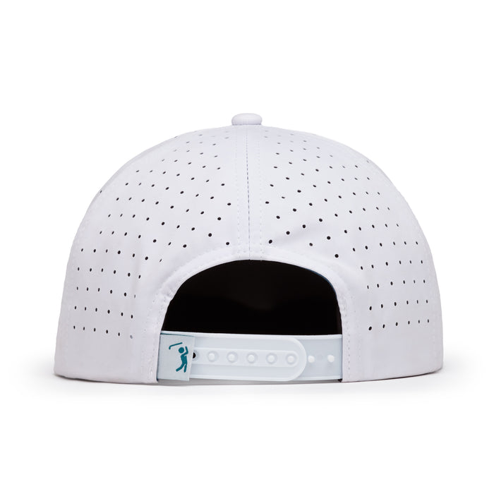 The Tiki Flat Bill is an unstructured white snapback hat with perforated performance fabric, a flat bill, adjustable strap featuring a blue golfer icon on the left side, and a rounded crown with a central top button.