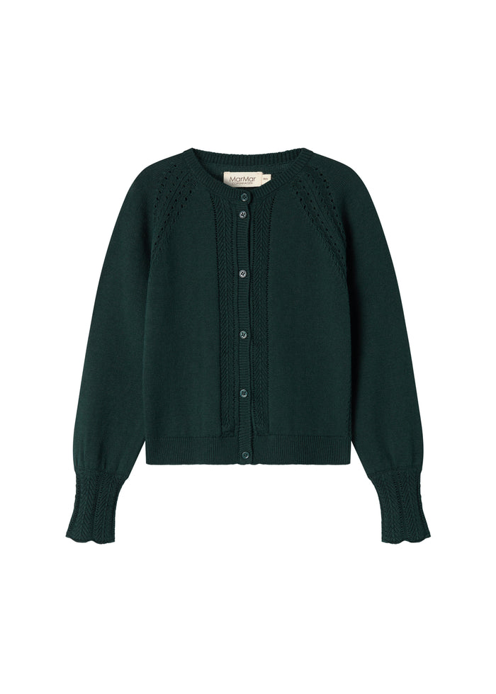Dark green knitted cardigan with lace pattern and ribbed edges for baby