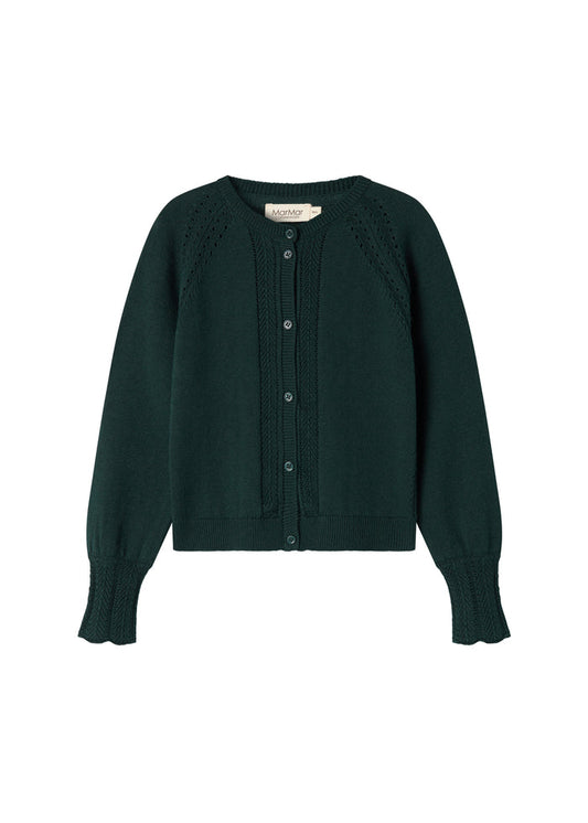 Dark green knitted cardigan with lace pattern and ribbed edges for baby