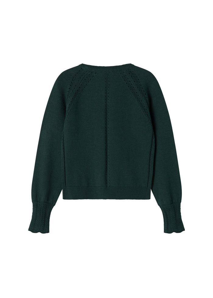 Dark green knitted cardigan with lace pattern and ribbed edges for baby