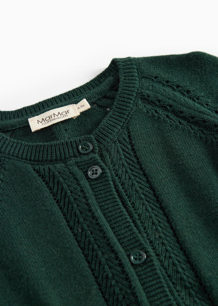 Dark green knitted cardigan with lace pattern and ribbed edges for baby