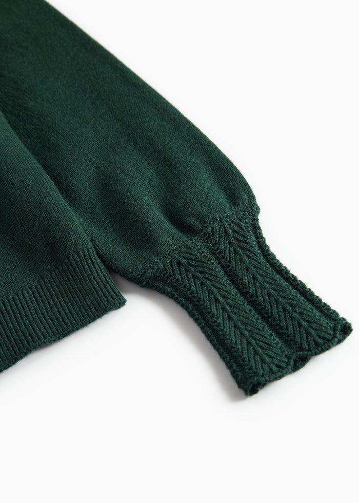 Dark green knitted cardigan with lace pattern and ribbed edges for baby