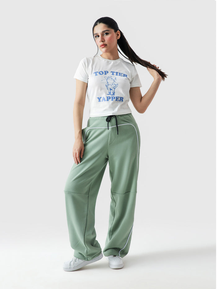 Top Tier Yapper baby tee female model full body front view graphic crop Pakistan – GROOVY