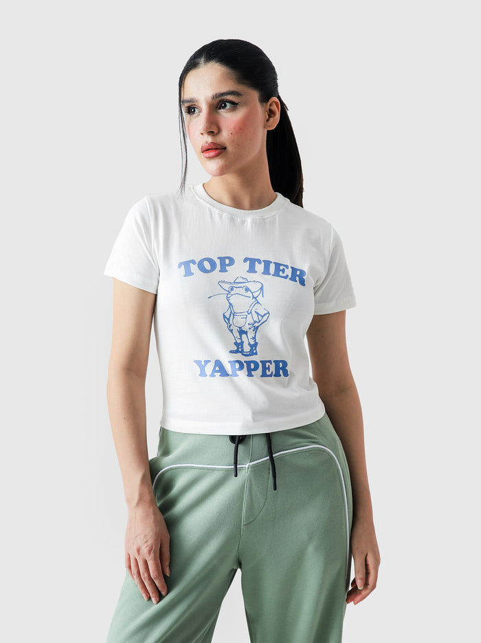 Top Tier Yapper baby tee flat lay graphic crop top white Pakistan – GROOVY