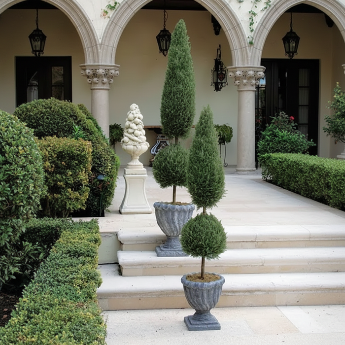 Topiary Classic Form Blue Point Juniper Decorative topiary trees in stone pots on a patio with architectural columns in the background.