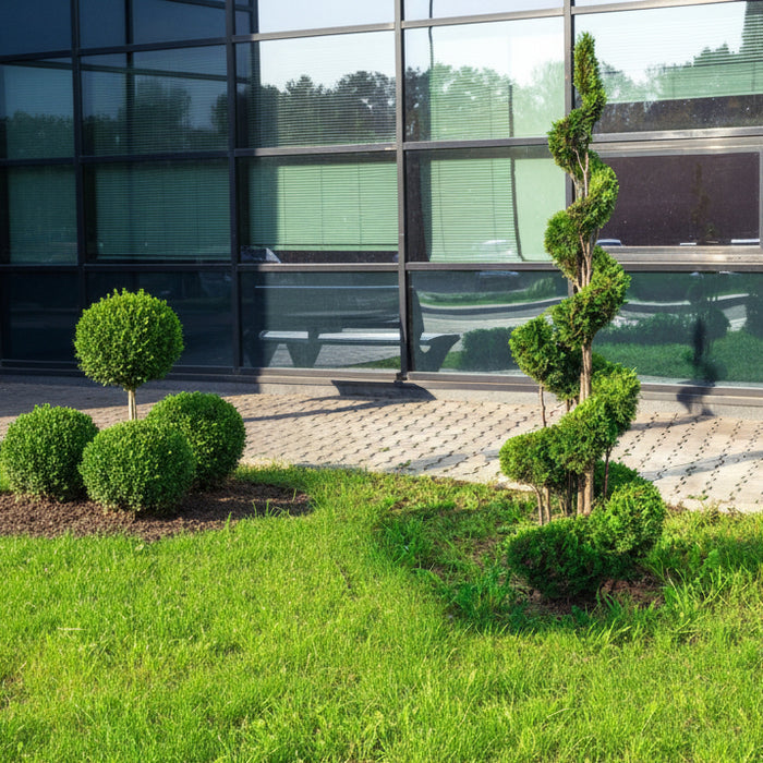 Mature Topiary Spiral Juniper planted in garden from 7gal nursery pot.