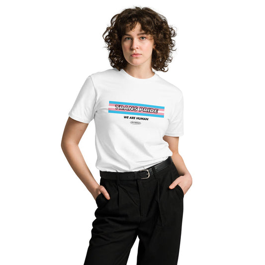 Person wearing a white t-shirt with 'Trans Pride' text on a white background