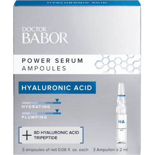 Travel Size Power Serum Ampoules Hyaluronic Acid | Babor box showing hydrating, plumping skincare ampoules with 8D hyaluronic acid tripeptide for skincare use.
