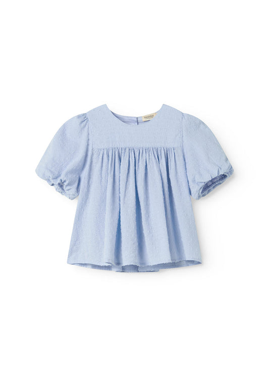 Short-sleeved blouse for children with puff sleeves and a fine embroidery pattern.