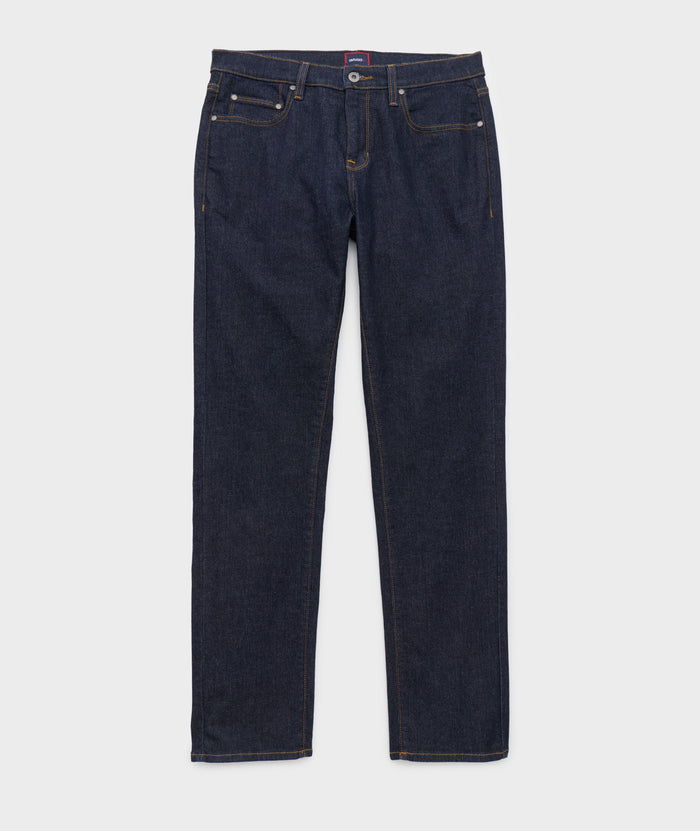 Model is wearing UNTUCKit Dark Wash Denim.