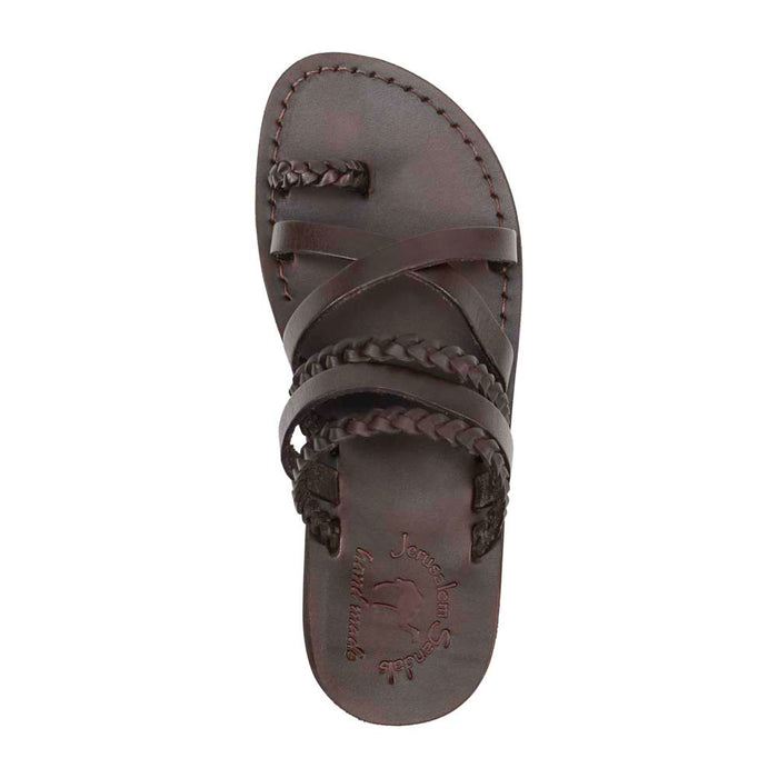 Uri brown, handmade leather slide sandals - up View