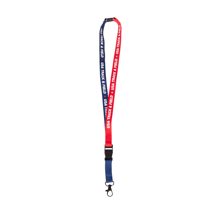 Red and navy lanyard with 'USA Track & Field' branding on a white background