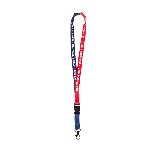 Red and navy lanyard with 'USA Track & Field' branding on a white background