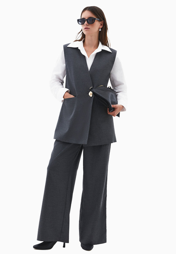 V Neck Button Detailed Oversize Vest - ANTHRA MELANGE