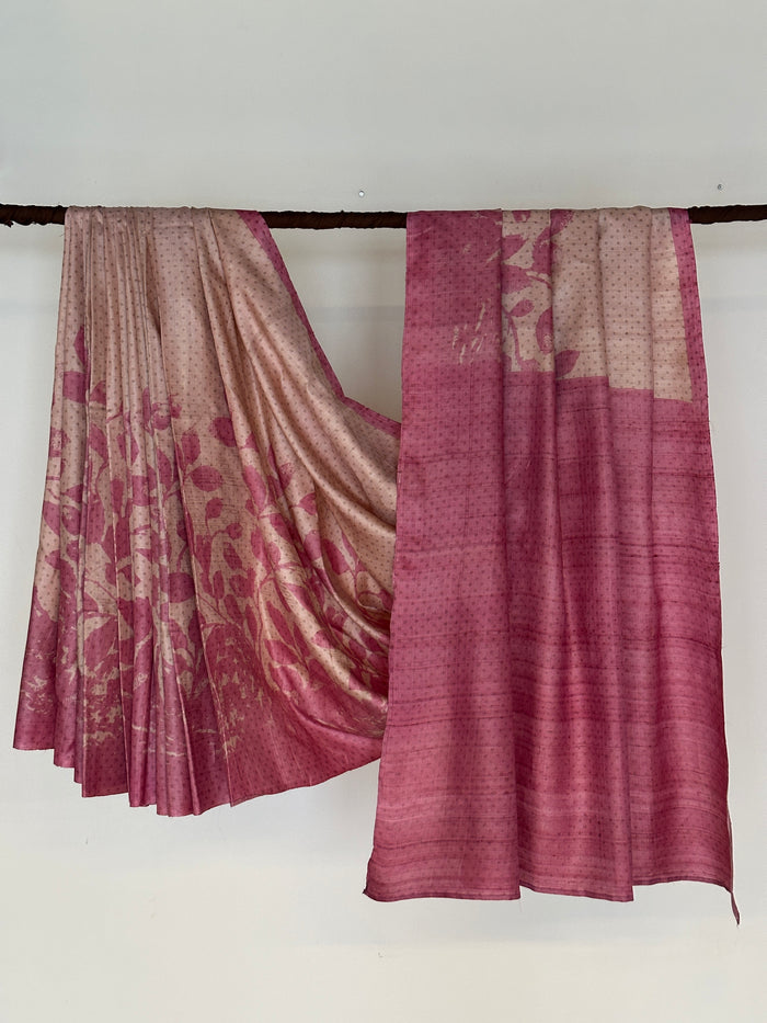 Veena Komorebi Tussar Saree - Cream and Pink