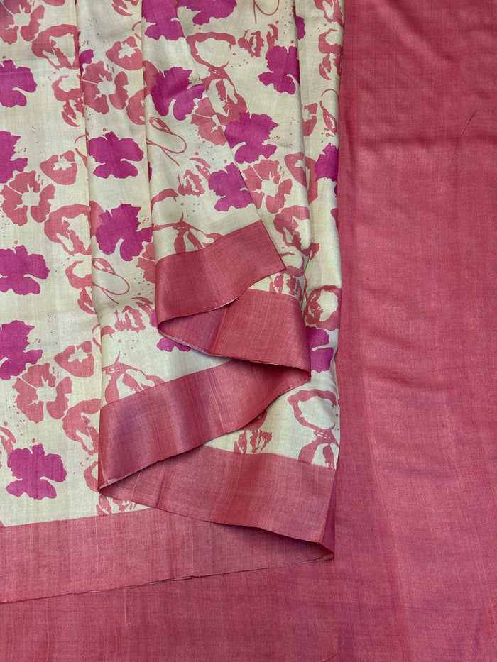 Veena Painted Petals Tussar Saree - Cream and Pink