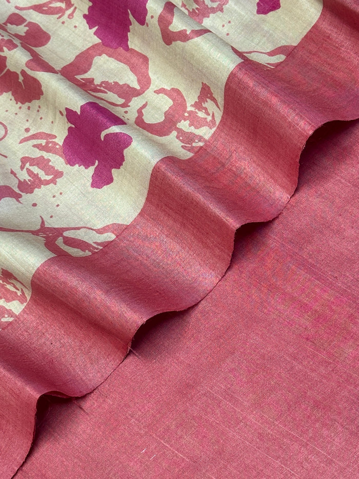 Veena Painted Petals Tussar Saree - Cream and Pink