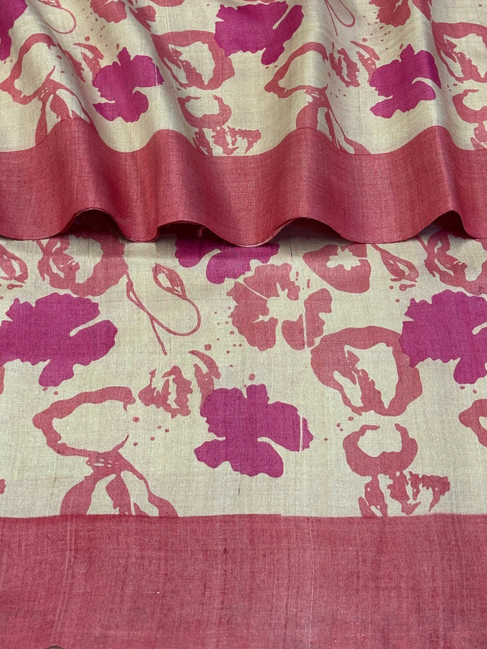 Veena Painted Petals Tussar Saree - Cream and Pink