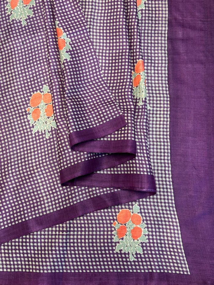 Veena Plaid Flowers Tussar Saree - Violet