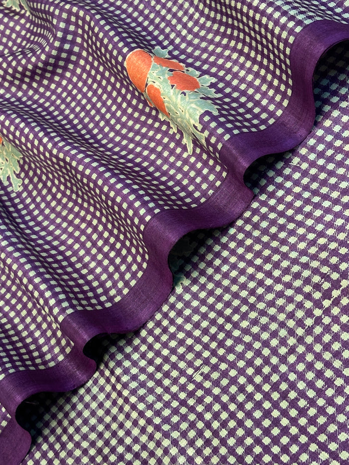 Veena Plaid Flowers Tussar Saree - Violet