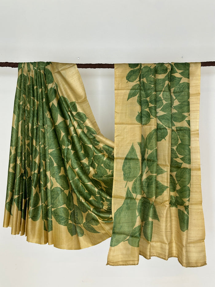 Veena Sacred Fig Tussar Saree - Yellow and Green