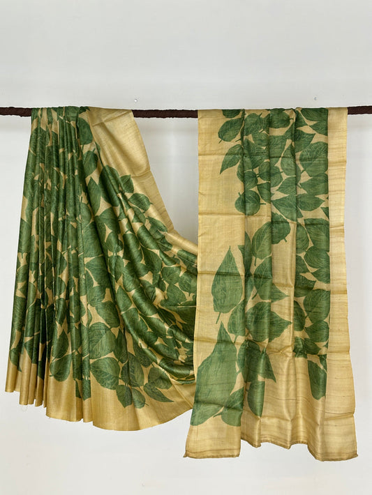 Veena Sacred Fig Tussar Saree - Yellow and Green