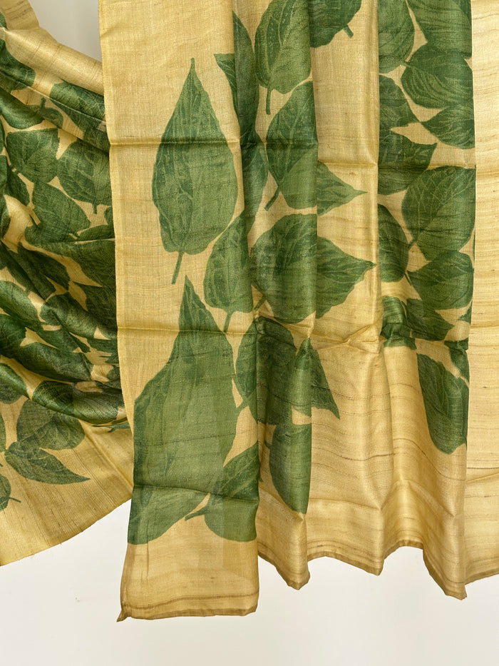 Veena Sacred Fig Tussar Saree - Yellow and Green