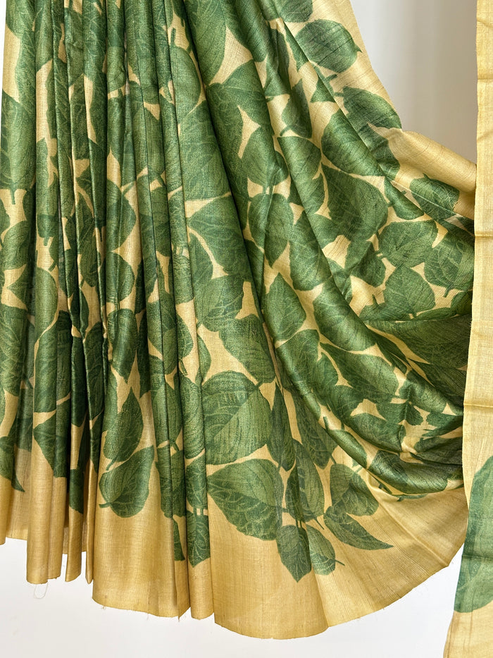 Veena Sacred Fig Tussar Saree - Yellow and Green