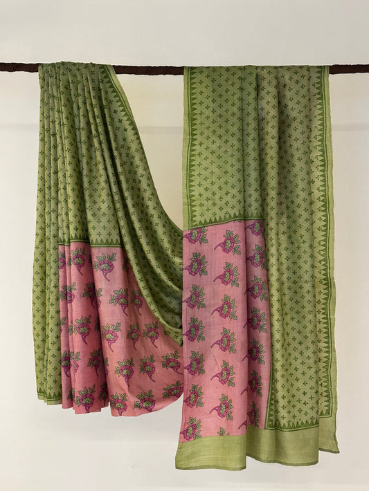 Veena Tea Rose Tussar Saree - Pink and Green