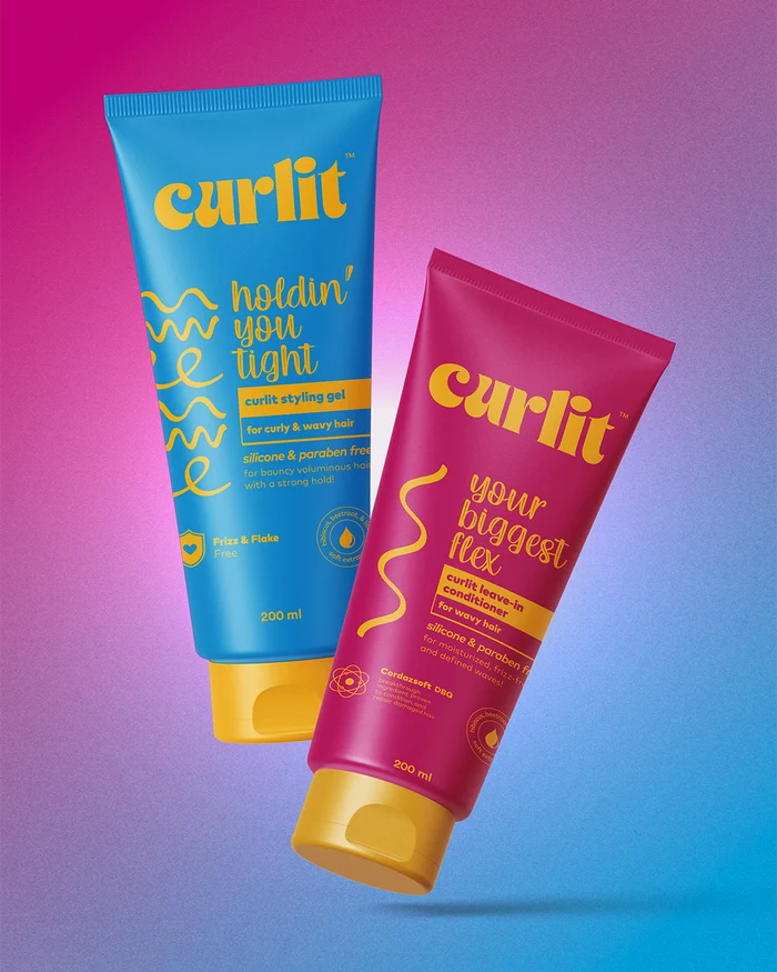 Curlit Wavy Perfection Duo on bluish-purple background with lightweight gel and leave-in conditioner for waves