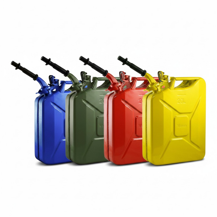 Four colorful jerry cans (blue, green, red, yellow) on a white background