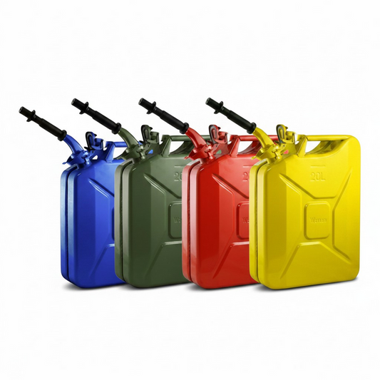 Four colorful jerry cans (blue, green, red, yellow) on a white background