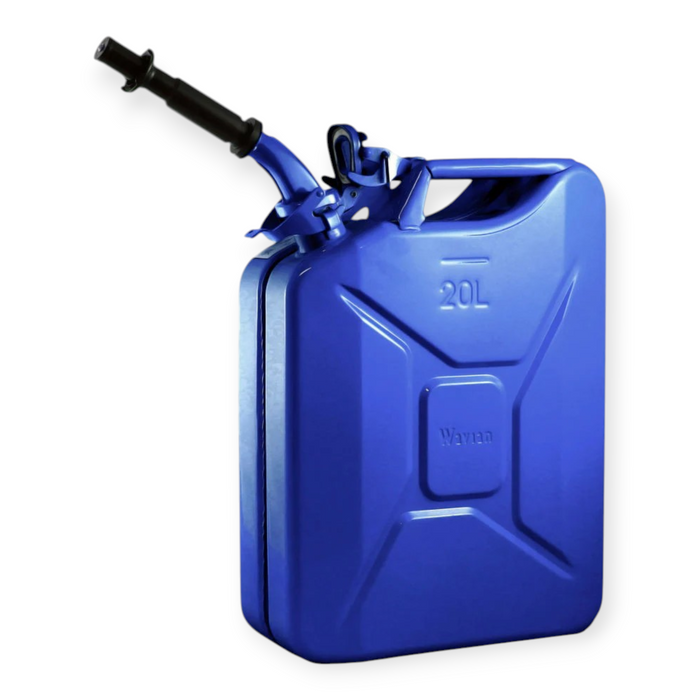 Blue fuel canister with a black nozzle on a white background