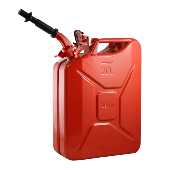 Red metal fuel canister with a black nozzle on a white background