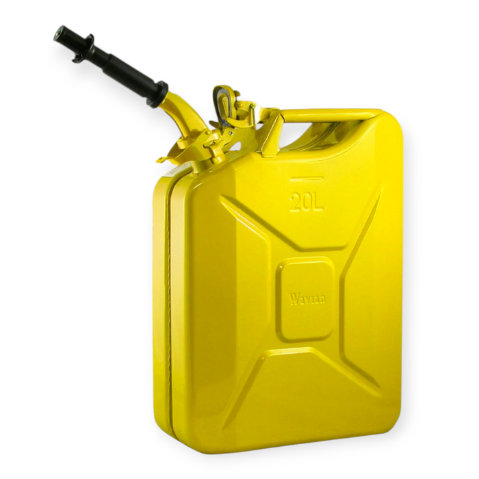 Yellow metal fuel canister with a black nozzle on a white background
