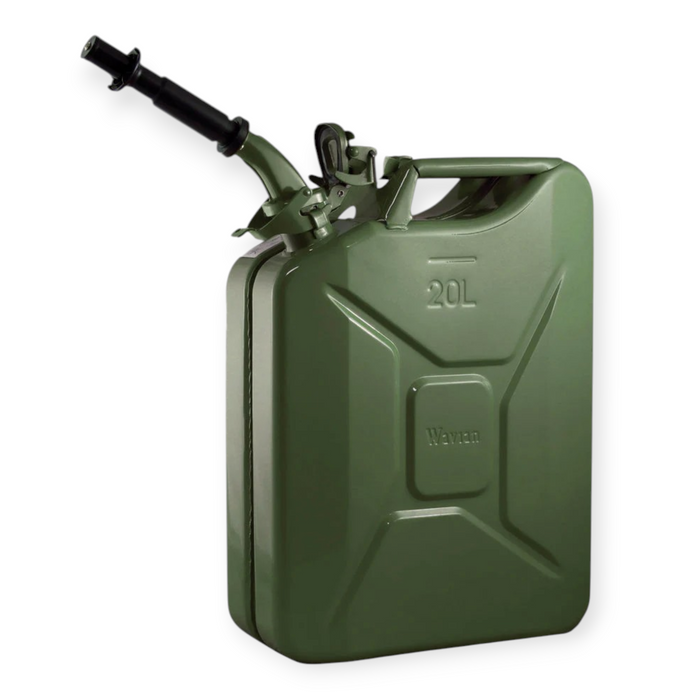 Green metal fuel canister with a pump on a white background