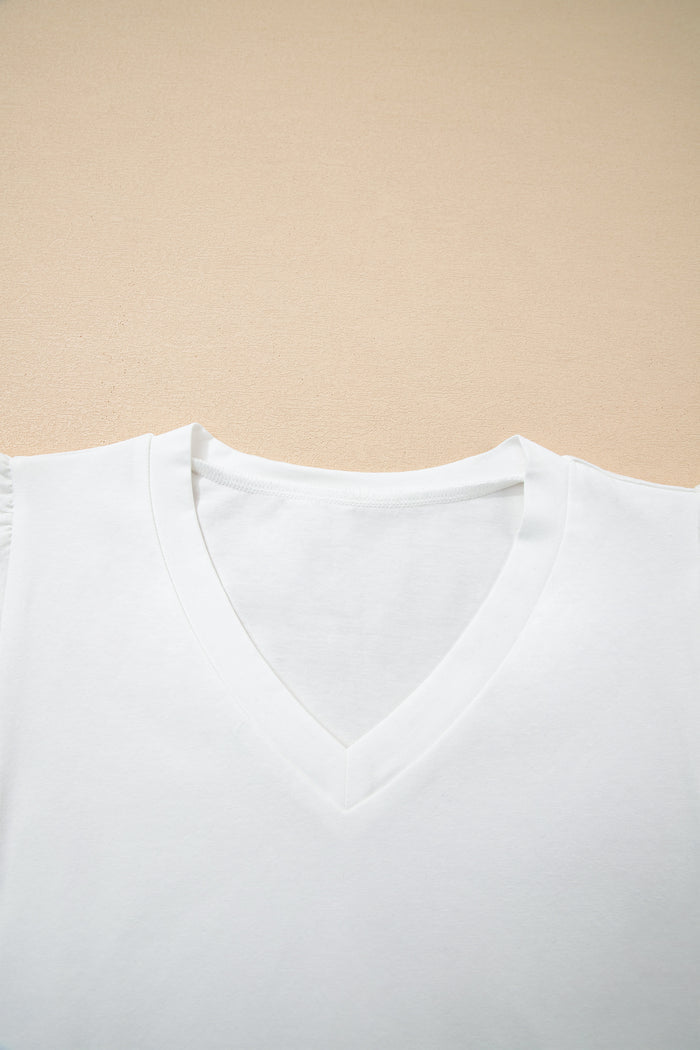 White Eyelet Embroidered Flutter Sleeve Patchwork V Neck Tee