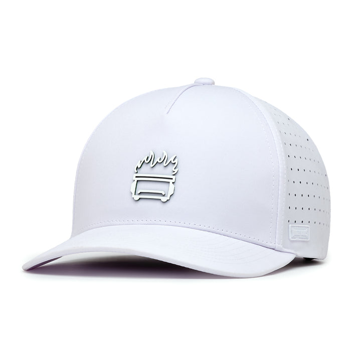 The White Hot - Performance Golf Hat - Snapback is a white cap made from performance material, featuring perforated side panels, a raised flame logo above a rectangle on the front, curved brim, snapback closure, and a small logo tag by the brim.