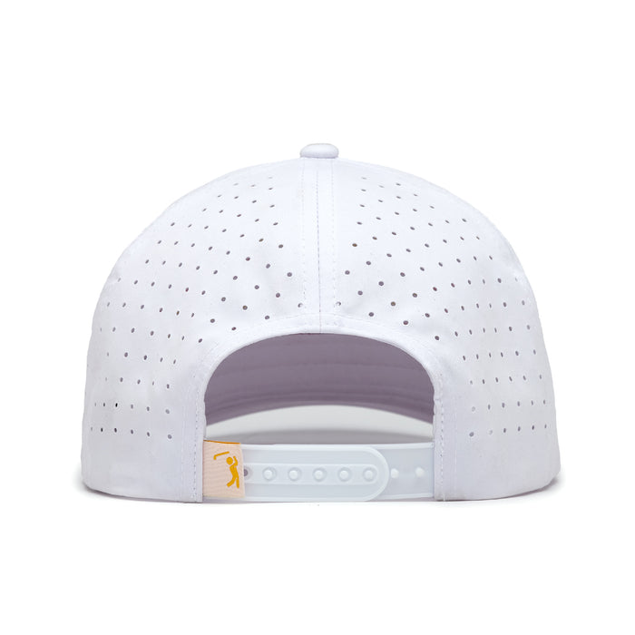The White Hot - Performance Golf Hat - Snapback is a white cap seen from the back, featuring ventilation holes, sweat stain resistant material, an adjustable plastic strap, and a small yellow golfer silhouette tag on the left side.
