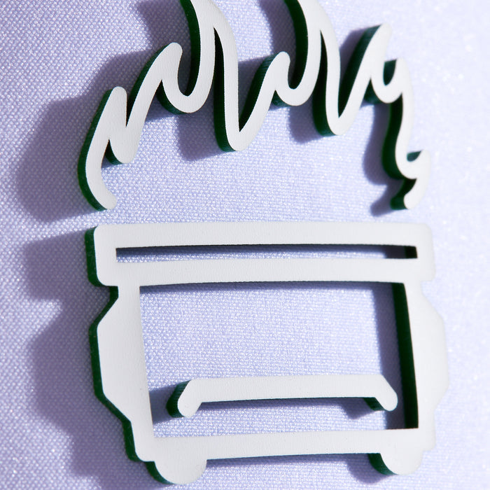 The White Hot - Performance Golf Hat - Snapback features a minimalist 3D white dumpster outline with stylized flames on a textured light purple background, made from sweat stain resistant material for a raised look.