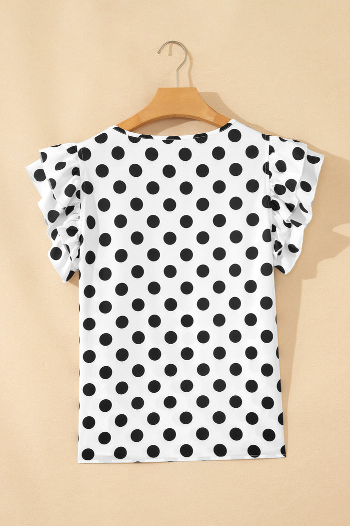 White Polka Dot Print Ruffled Short Sleeve Blouse