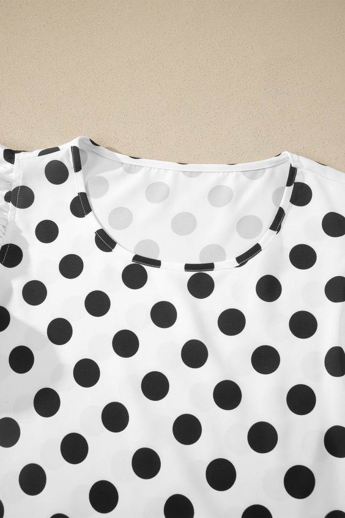 White Polka Dot Print Ruffled Short Sleeve Blouse